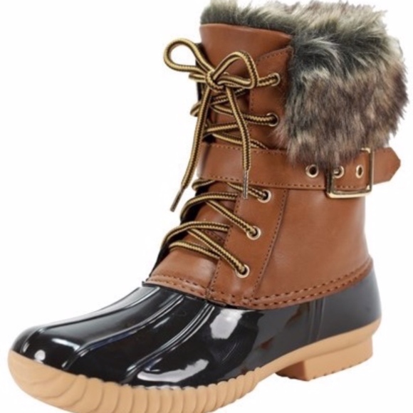 Cozy Tan Winter Vegan Fur leather Lace up Duck Boots - Picture 4 of 5